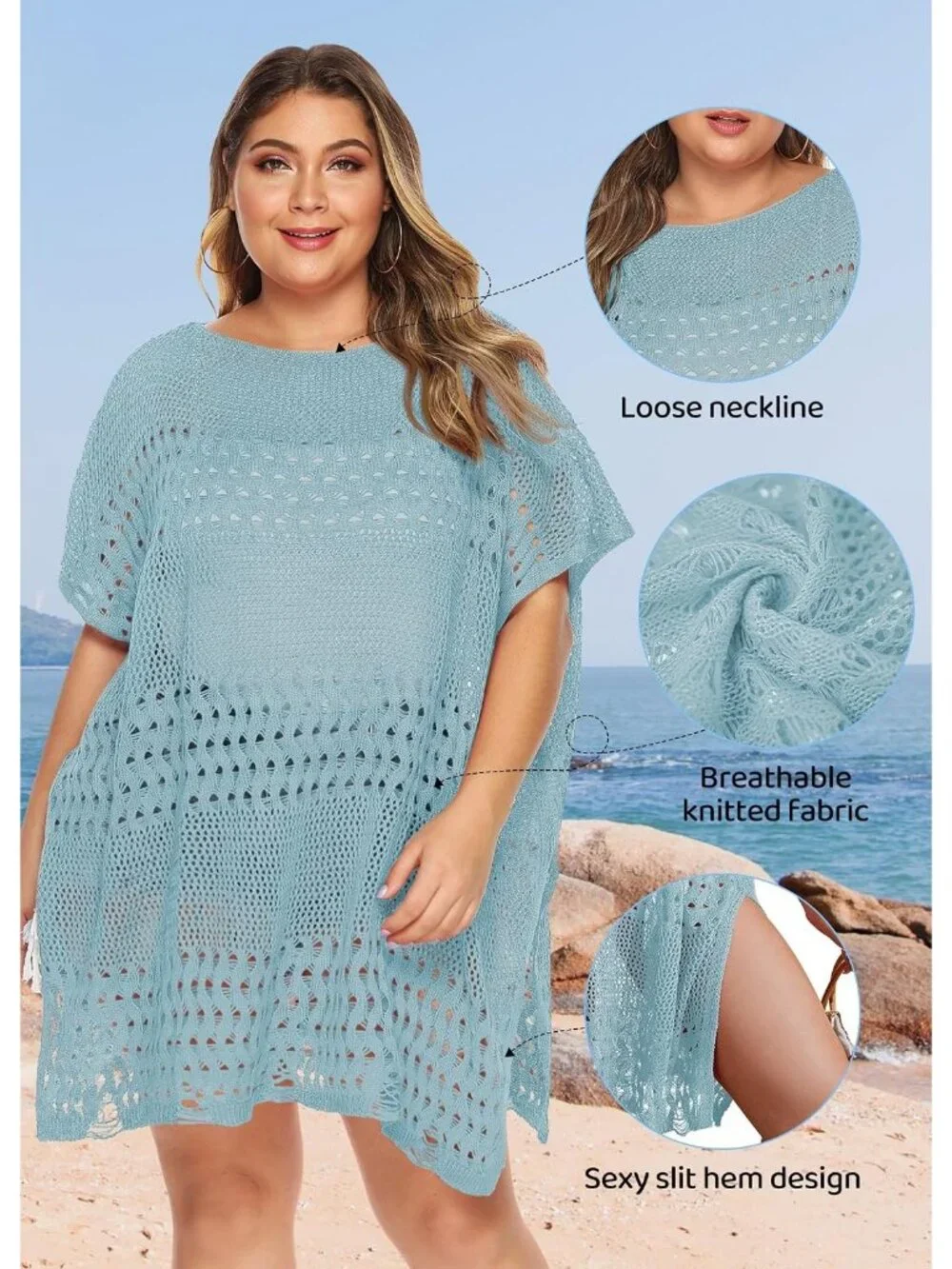 Women's K Hollow Light Blue Plus Polyester Crochet Summer Swimsuit Coverup Dress